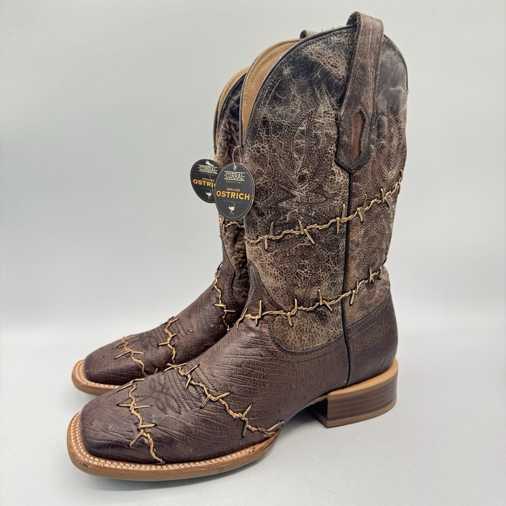 Corral Exotic Ostrich Barbed Wire Boots Men's Size 8.5 D Brown Leather Genuine - Picture 10 of 16